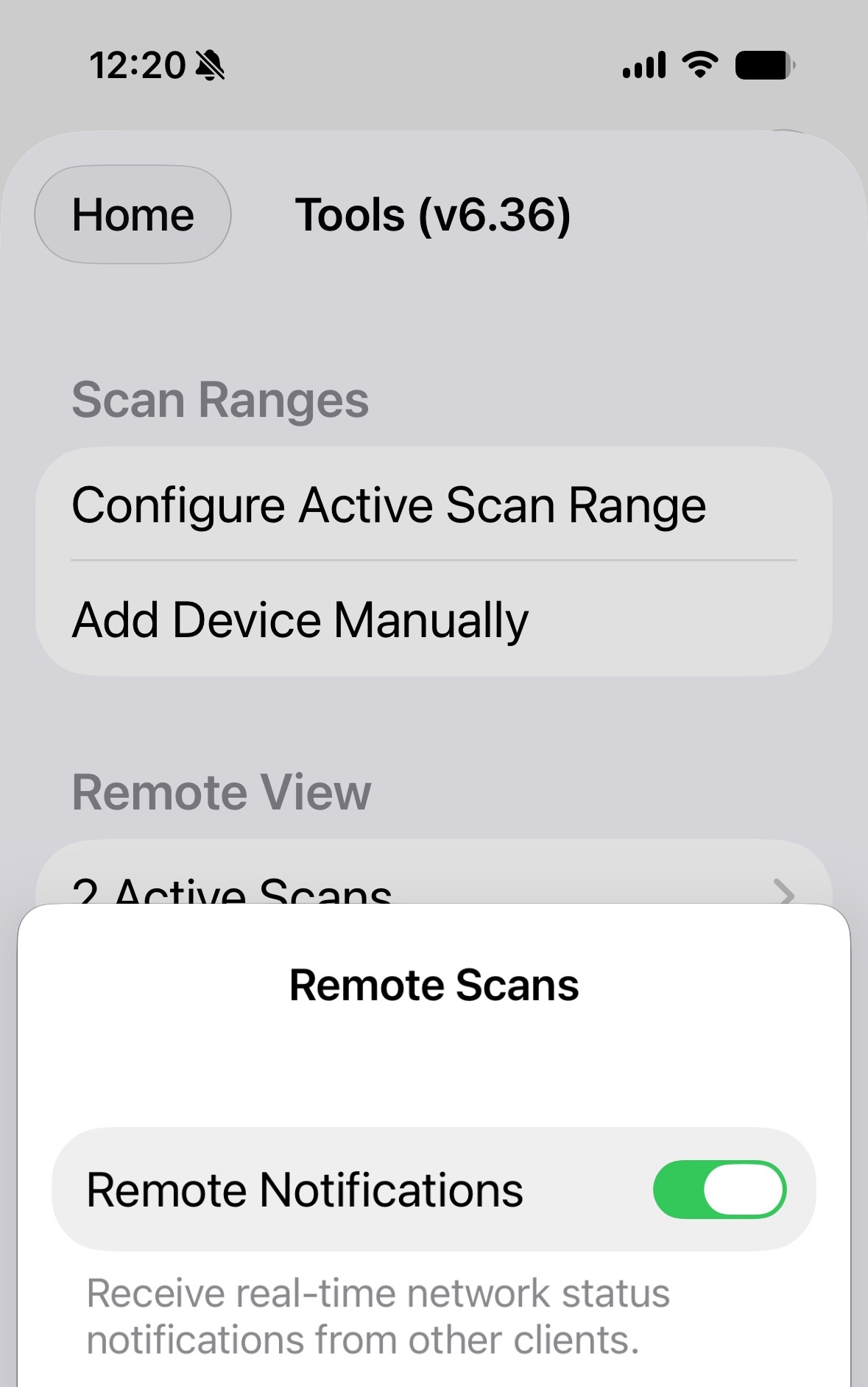 IP Scanner iOS Tools screen showing Remote View with active scans