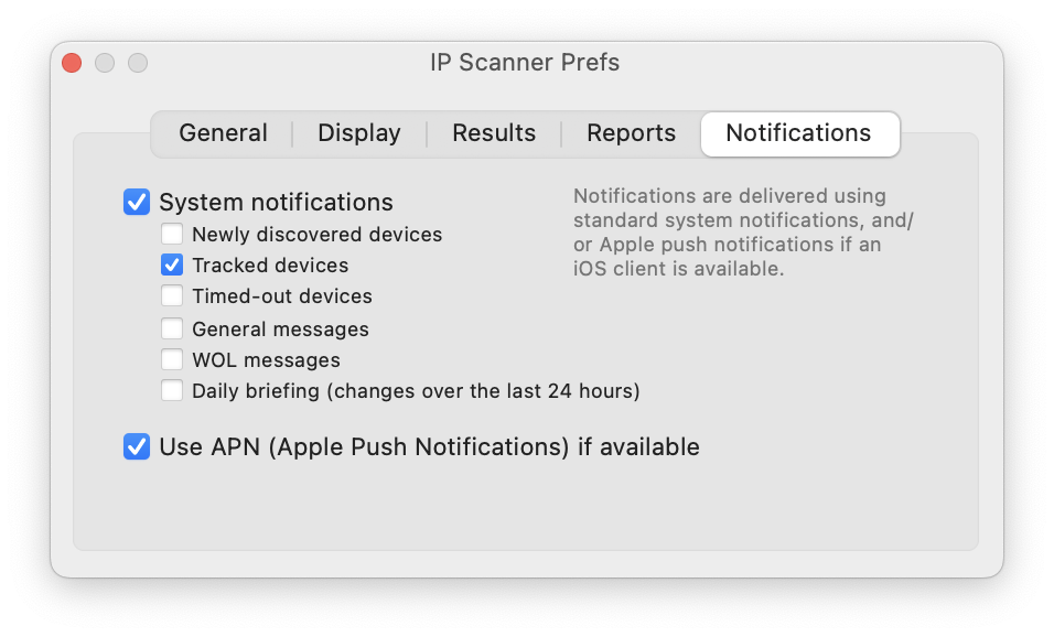IP Scanner Prefs, Notifications tab with system notifications enabled