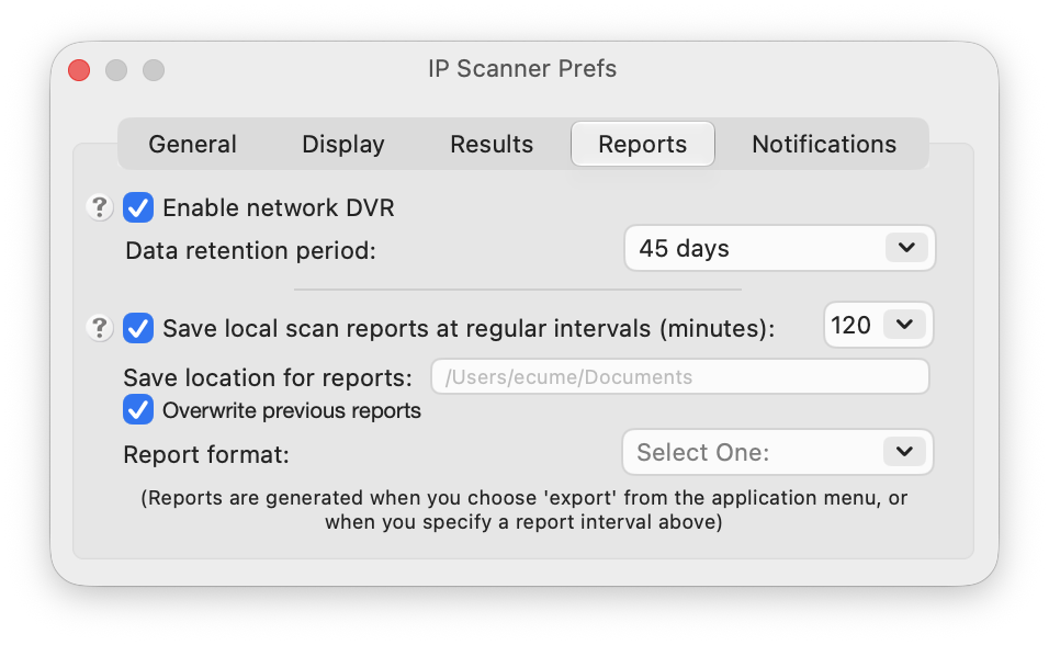 IP Scanner Prefs, Reports tab with Enable network DVR checked